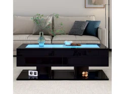 Mesa de centro brilhante 100×50×35 cm - 2 gavetas - com iluminação LED - tampo de vidro - painel de partículas - preto