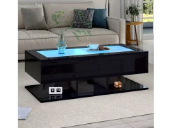 Mesa de centro brilhante 100×50×35 cm - 2 gavetas - com iluminação LED - tampo de vidro - painel de partículas - preto