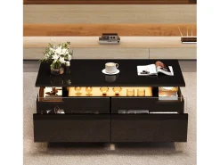 Mesa de centro brilhante 90×45×35,5 cm - 2 gavetas - com iluminação LED - com vidro temperado - preto