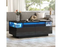 Mesa de centro brilhante 90×45×35,5 cm - 2 gavetas - com iluminação LED - com vidro temperado - preto