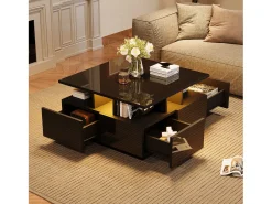 Mesa de centro brilhante - 70 x 70 x 40 cm - com LEDs + 4 gavetas - Aglomerado - preto