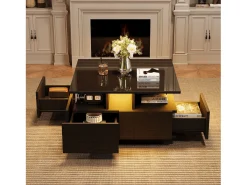 Mesa de centro brilhante - 70 x 70 x 40 cm - com LEDs + 4 gavetas - Aglomerado - preto