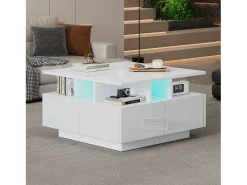 Mesa de centro brilhante - 70 x 70 x 40 cm - com LEDs + 4 gavetas - Aglomerado - branco