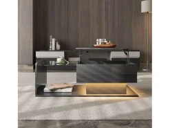 Mesa de centro brilhante - 100 x 50 x 33/47,5 cm - com tampo de vidro + LEDs + armazenamento - aglomerado - preto