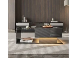 Mesa de centro brilhante - 100 x 50 x 33/47,5 cm - com tampo de vidro + LEDs + armazenamento - aglomerado - preto