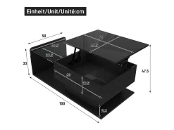Mesa de centro brilhante - 100 x 50 x 33/47,5 cm - com tampo de vidro + LEDs + armazenamento - aglomerado - preto