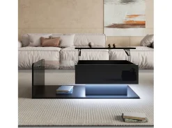 Mesa de centro brilhante - 100 x 50 x 33/47,5 cm - com tampo de vidro + LEDs + armazenamento - aglomerado - preto