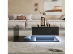 Mesa de centro brilhante - 100 x 50 x 33/47,5 cm - com tampo de vidro + LEDs + armazenamento - aglomerado - preto