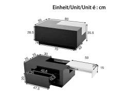 Mesa de centro brilhante 80×50×35,5 cm - Iluminação LED - 1 gaveta - Tampo extensível - Preto + Branco