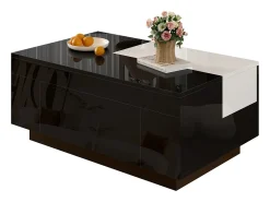 Mesa de centro brilhante 80×50×35,5 cm - Iluminação LED - 1 gaveta - Tampo extensível - Preto + Branco