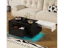 Mesa de centro brilhante 80×50×35,5 cm - Iluminação LED - 1 gaveta - Tampo extensível - Preto + Branco