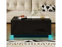 Mesa de centro brilhante 80×50×35,5 cm - Iluminação LED - 1 gaveta - Tampo extensível - Preto + Branco