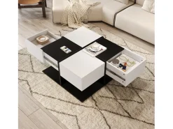 Mesa de centro brilhante - 70 x 70 x 35,5 cm - com 2 gavetas - aglomerado - branco + preto