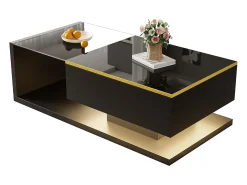 Mesa de centro brilhante - 100 x 50 x 32,5 cm - com vidro + efeito LED + armazenamento - aglomerado - preto
