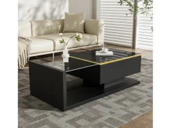 Mesa de centro brilhante - 100 x 50 x 32,5 cm - com vidro + efeito LED + armazenamento - aglomerado - preto