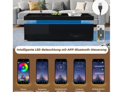 Mesa de centro brilhante para sala de estar - 95 x 45 x 35 cm - com LEDs + 2 gavetas - aglomerado - preto