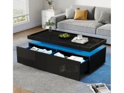 Mesa de centro brilhante para sala de estar - 95 x 45 x 35 cm - com LEDs + 2 gavetas - aglomerado - preto