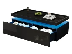 Mesa de centro brilhante para sala de estar - 95 x 45 x 35 cm - com LEDs + 2 gavetas - aglomerado - preto