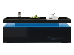 Mesa de centro brilhante para sala de estar - 95 x 45 x 35 cm - com LEDs + 2 gavetas - aglomerado - preto