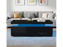 Mesa de centro brilhante para sala de estar - 95 x 45 x 35 cm - com LEDs + 2 gavetas - aglomerado - preto