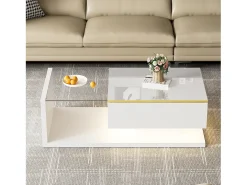 Mesa de centro brilhante - 100 x 50 x 32,5 cm - com vidro + efeito LED + armazenamento - aglomerado - branco