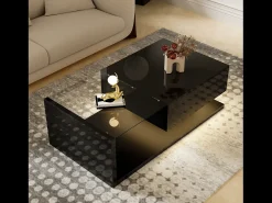 Mesa de centro brilhante - 105 x 55 x 32,5 cm - Mesas laterais com vidro + LEDs + 1 gaveta - aglomerado - preto