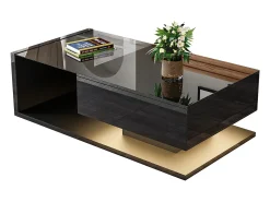Mesa de centro brilhante - 105 x 55 x 32,5 cm - Mesas laterais com vidro + LEDs + 1 gaveta - aglomerado - preto