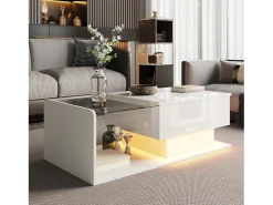 Mesa de centro brilhante - 100 x 50 x 33/47,5 cm - com tampo de vidro + LEDs + armazenamento - aglomerado - branco