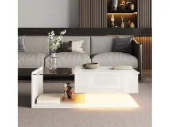 Mesa de centro brilhante - 100 x 50 x 33/47,5 cm - com tampo de vidro + LEDs + armazenamento - aglomerado - branco