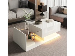 Mesa de centro brilhante - 100 x 50 x 33/47,5 cm - com tampo de vidro + LEDs + armazenamento - aglomerado - branco