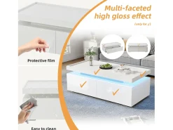 Mesa de centro brilhante 95×45×35 cm - com iluminação LED - com 2 gavetas - Painel de partículas - Branco
