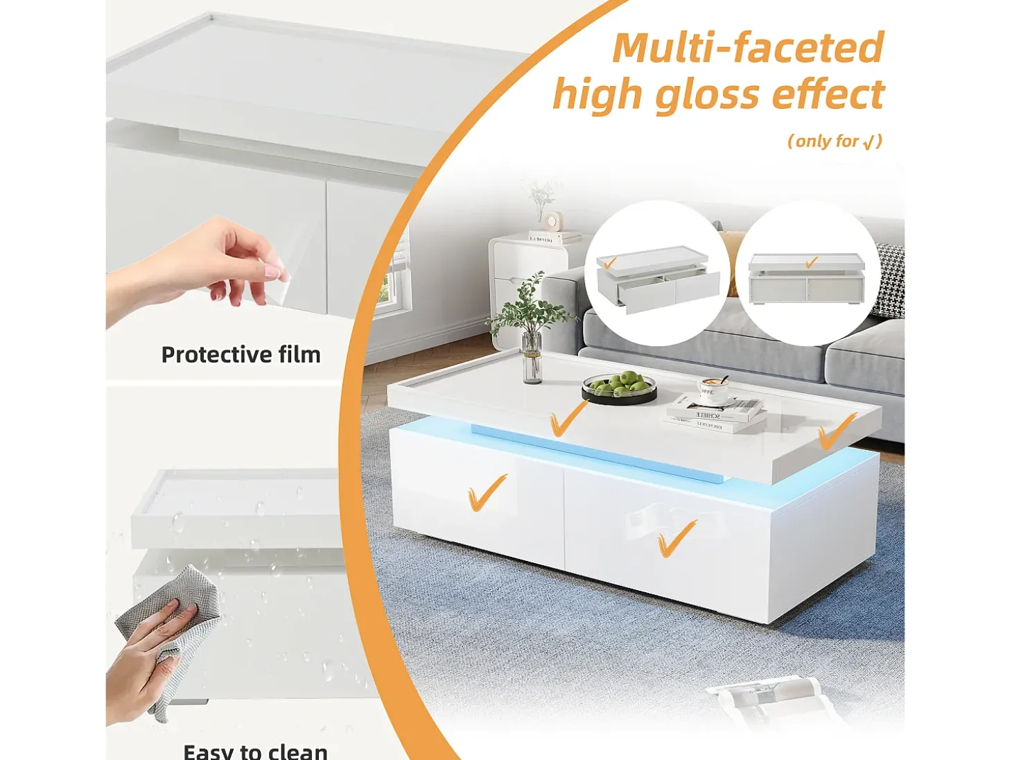 Mesa de centro brilhante 95×45×35 cm - com iluminação LED - com 2 gavetas - Painel de partículas - Branco