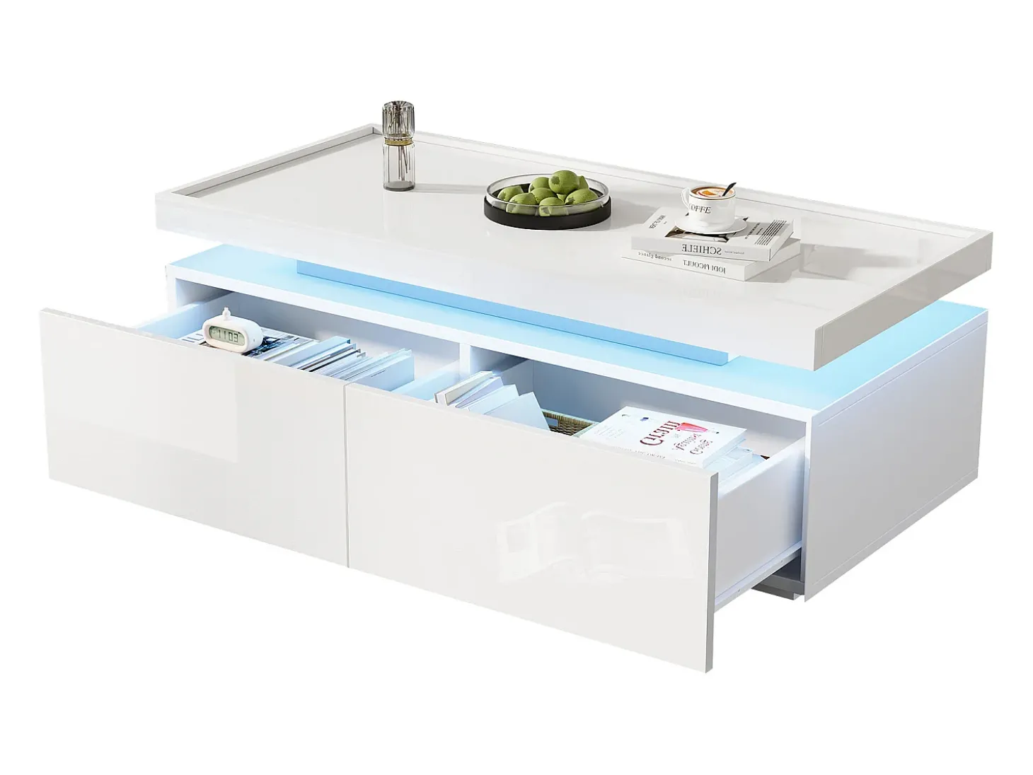 Mesa de centro brilhante 95×45×35 cm - com iluminação LED - com 2 gavetas - Painel de partículas - Branco
