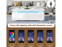 Mesa de centro brilhante 95×45×35 cm - com iluminação LED - com 2 gavetas - Painel de partículas - Branco