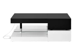 Mesa de centro brilhante 90×45×35,5 cm - com iluminação LED - prateleira de vidro - painel de partículas - preto + branco