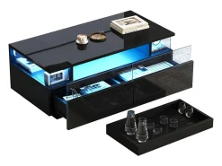Mesa de centro brilhante - 90 x 45 x 35,5 cm - com 2 gavetas + LEDs - vidro temperado + MDF - preta