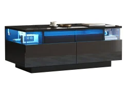 Mesa de centro brilhante - 90 x 45 x 35,5 cm - com 2 gavetas + LEDs - vidro temperado + MDF - preta