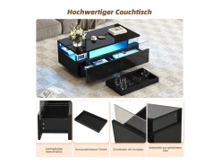 Mesa de centro brilhante - 90 x 45 x 35,5 cm - com 2 gavetas + LEDs - vidro temperado + MDF - preta