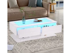Mesa de centro brilhante - 100 x 50 x 35 cm - com 2 gavetas + LEDs - tampo de vidro - aglomerado - branco