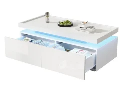 Mesa de centro brilhante para sala de estar - 95 x 45 x 35 cm - com LEDs + 2 gavetas - aglomerado - branco