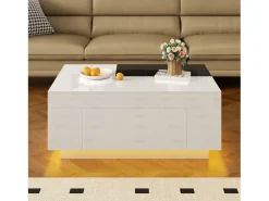 Mesa de centro brilhante - 80 x 50 x 35,5 cm - tampo extensível + 1 gaveta + LEDs - MDF - branco