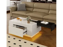Mesa de centro brilhante - 80 x 50 x 35,5 cm - tampo extensível + 1 gaveta + LEDs - MDF - branco