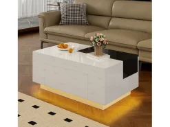 Mesa de centro brilhante - 80 x 50 x 35,5 cm - tampo extensível + 1 gaveta + LEDs - MDF - branco