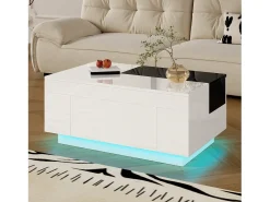 Mesa de centro brilhante - 80 x 50 x 35,5 cm - tampo extensível + 1 gaveta + LEDs - MDF - branco
