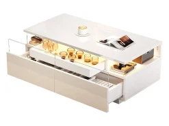 Mesa de centro brilhante 90×45×35,5 cm - 2 gavetas - com iluminação LED - com vidro temperado - branco