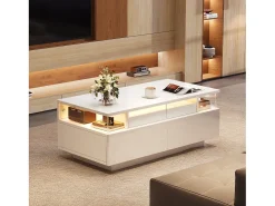 Mesa de centro brilhante 90×45×35,5 cm - 2 gavetas - com iluminação LED - com vidro temperado - branco