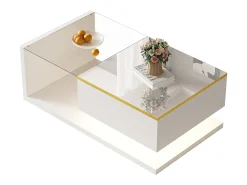Mesa de centro brilhante - 90 x 50 x 32,5 cm - com vidro + efeito LED + armazenamento - aglomerado - branco