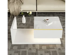 Mesa de centro brilhante - 90 x 50 x 32,5 cm - com vidro + efeito LED + armazenamento - aglomerado - branco