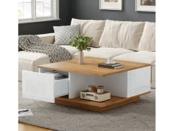 Mesa de centro brilhante - 70 x 70 x 31,5 cm - com 3 gavetas - mesa de sofá - aglomerado - branco