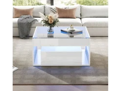 Mesa de centro brilhante 70x70x35 cm - Com iluminação LED - 1 gaveta - Prateleira aberta - Tampos de vidro temperado - MDF - Branco
